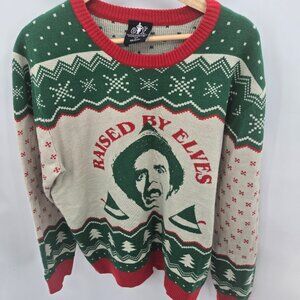 Elf Raised By Elves White Green Ugly Christmas Sweater Large